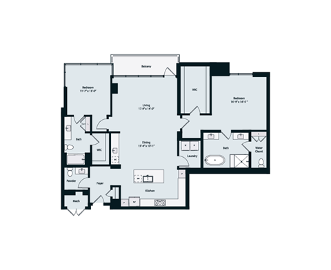 Floor plan for 2 beds, 2.5 baths, 1852 sqft